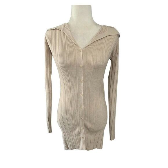 beige botany womens solid beige bodycon long sleeve cardigan swester top medium - Picture 1 of 4